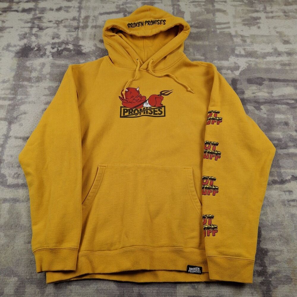 Broken Promises x Hot Stuff Hoodie Men M Gold Yellow Graphic Pullover Streetwear